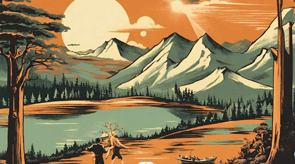 A stylized illustration of a landscape with mountains, a lake, and two moons