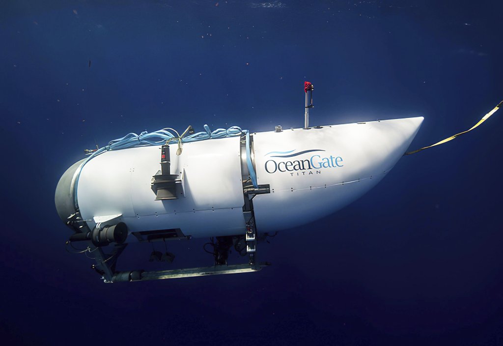 The OceanGate Titan submersible floating in deep blue ocean water