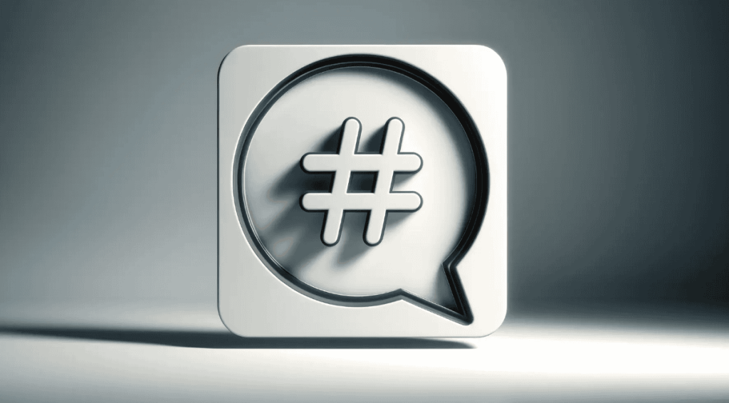 A 3D rendered icon of a speech bubble containing a hashtag symbol