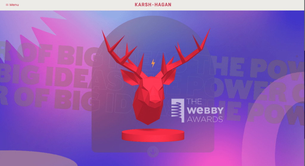 A low-poly red deer head sculpture displayed on a vibrant purple and pink gradient background
