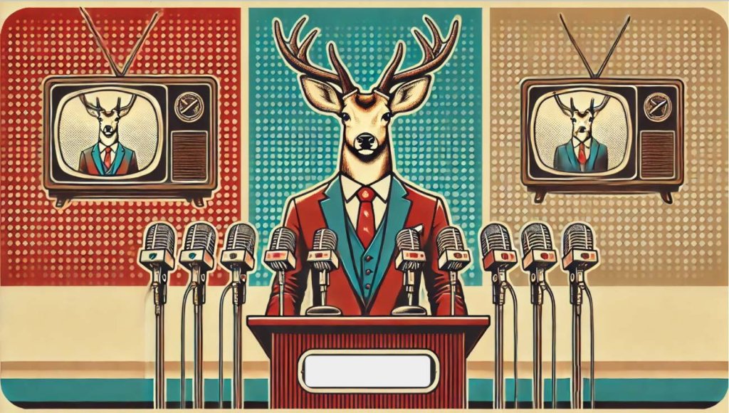 A deer in a suit stands at a podium with microphones before television screens