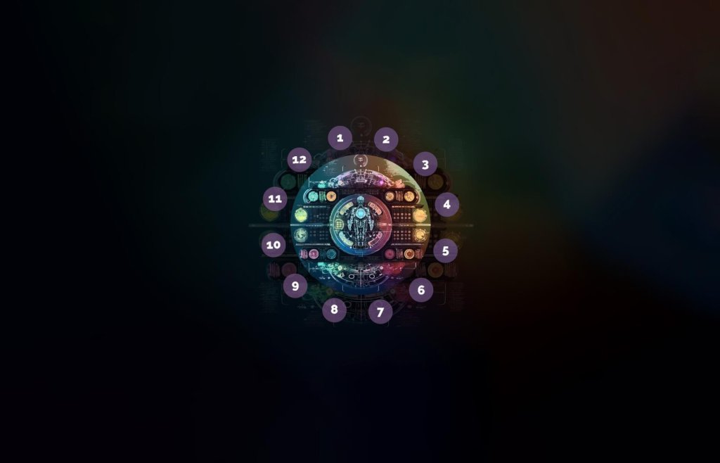 A circular futuristic interface with numbered markers surrounding a central glowing robotic figure
