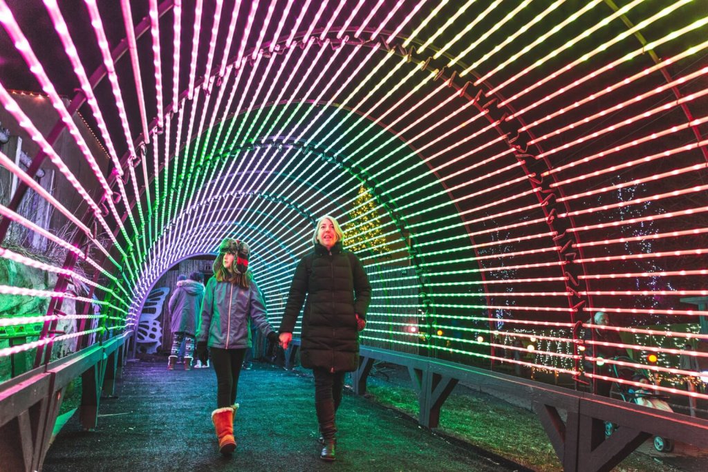 A woman and a child walking through a tunnel of colorful LED lights