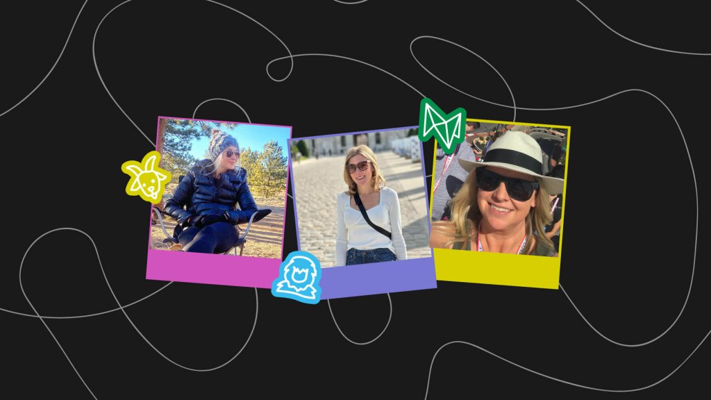 Three polaroid-style photos of a woman wearing sunglasses against a dark background with doodles
