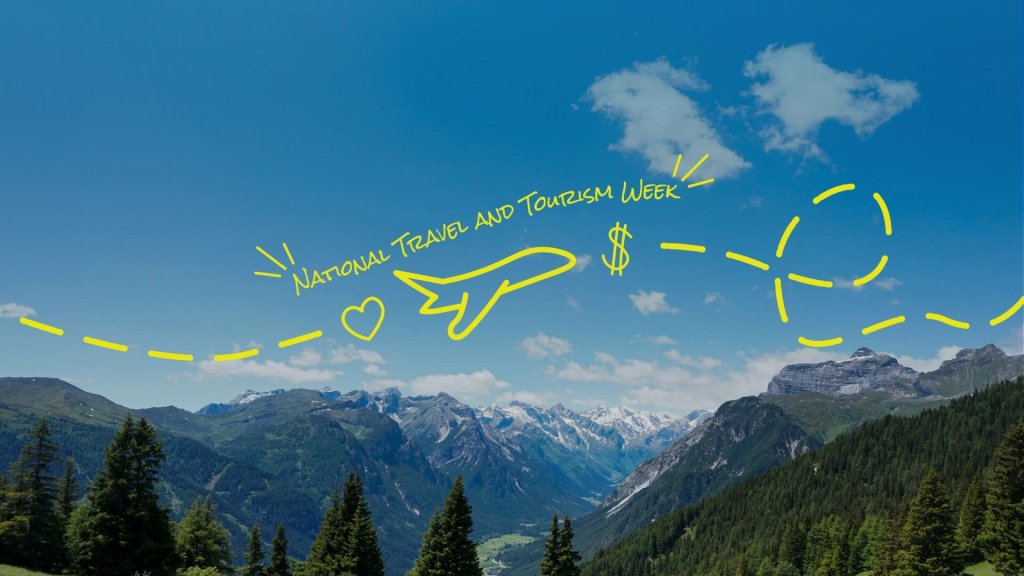 A scenic mountain landscape with a yellow hand-drawn airplane and travel-themed doodles