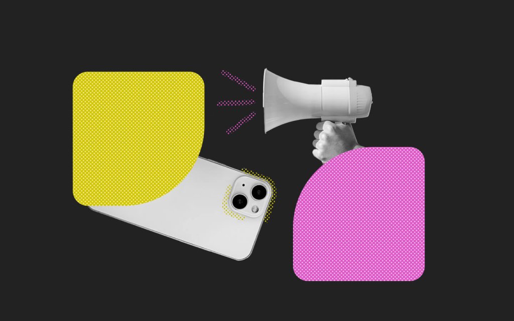 A hand holding a megaphone next to a smartphone with colorful graphic shapes