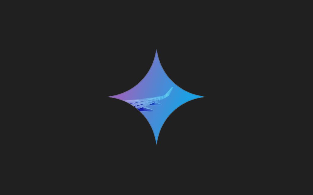 An airplane wing visible through a star-shaped cutout against a dark background