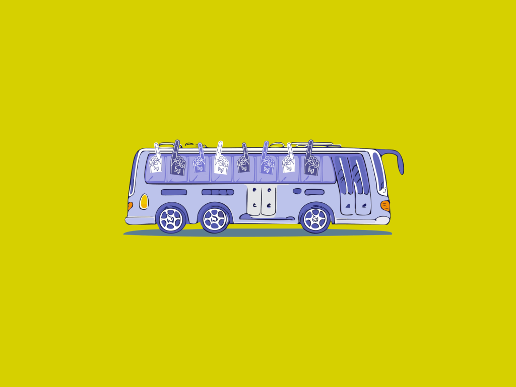 A stylized bus with foam fingers visible in the windows against a yellow background