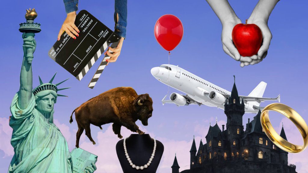 A collage of diverse objects including the Statue of Liberty, a plane, and a castle