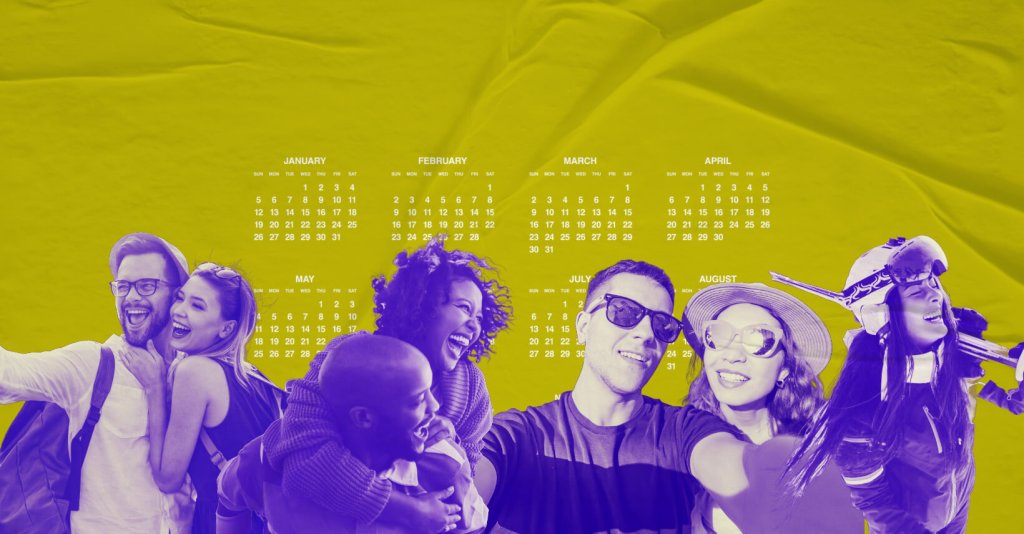 A collage of smiling people over a yellow background with a calendar overlay