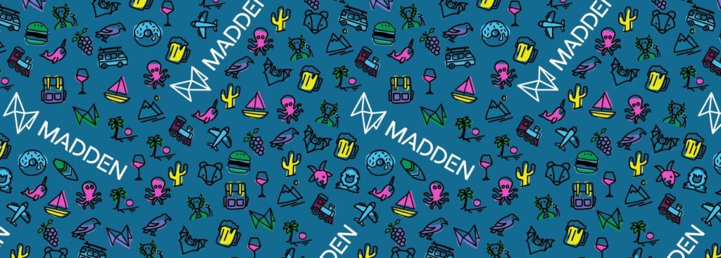 A repeating pattern of colorful icons on a blue background with the Madden logo