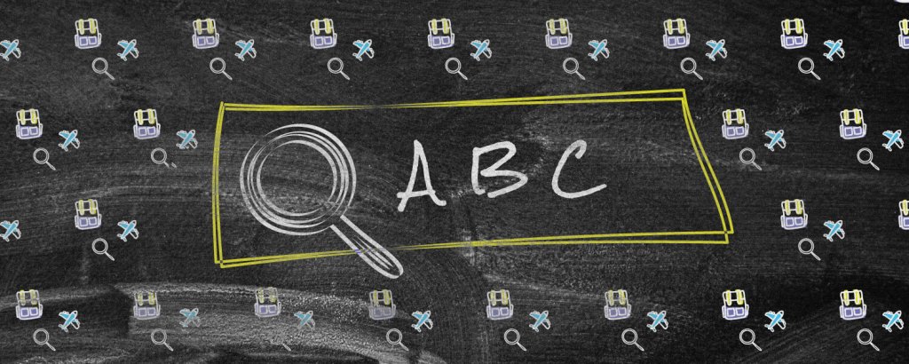 A chalkboard background with a repeating pattern of backpacks, airplanes, and magnifying glasses