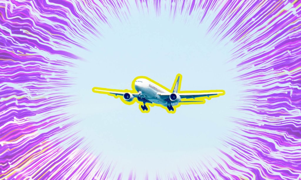 A passenger airplane flying against a background of purple radial light streaks