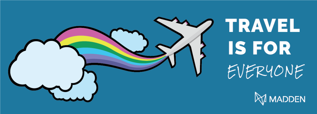 An airplane flying through clouds leaving a rainbow trail with the text Travel Is For Everyone