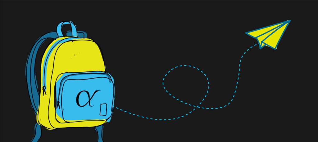 A yellow and blue backpack with an alpha symbol and a paper airplane