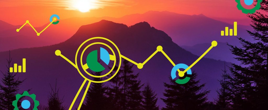 Digital business data charts overlaid on a scenic mountain sunset landscape