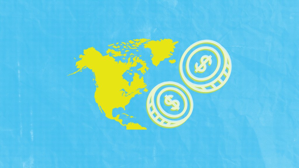 A yellow map of North America next to two dollar coins on blue background