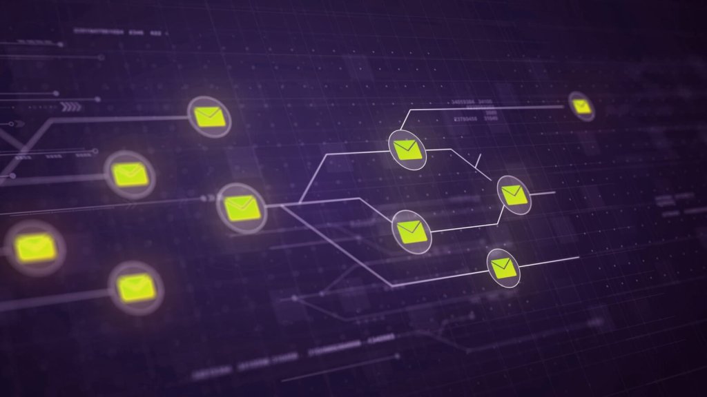 Digital network visualization showing interconnected email icons on a dark purple background