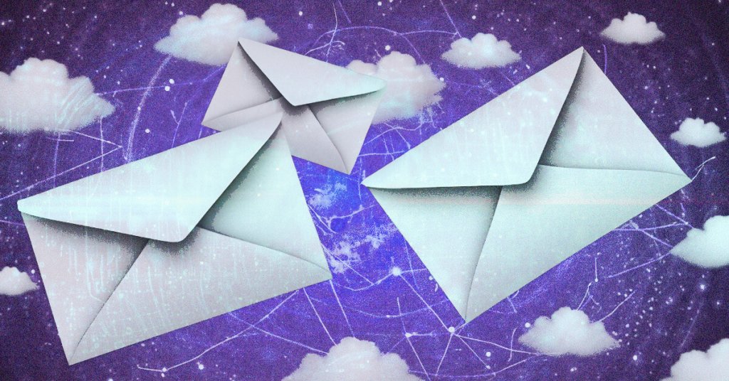 Three white envelopes floating against a purple starry sky with fluffy clouds