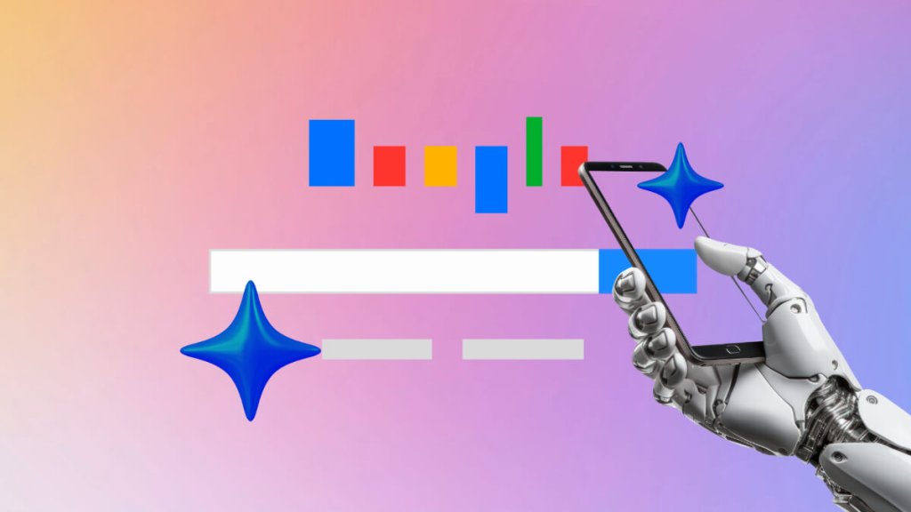 A robotic hand holds a smartphone against a background with Google-themed search elements