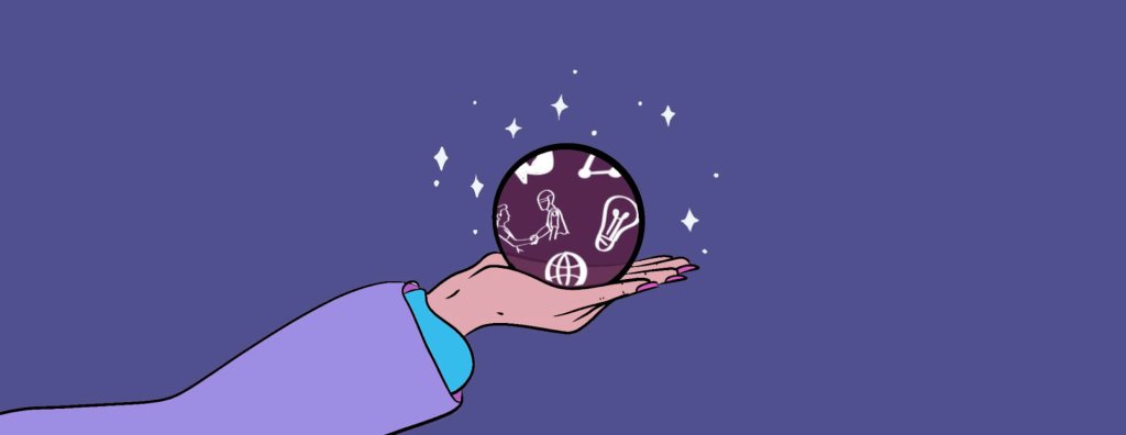 A hand holds a glowing orb featuring icons of technology, innovation, and human connection
