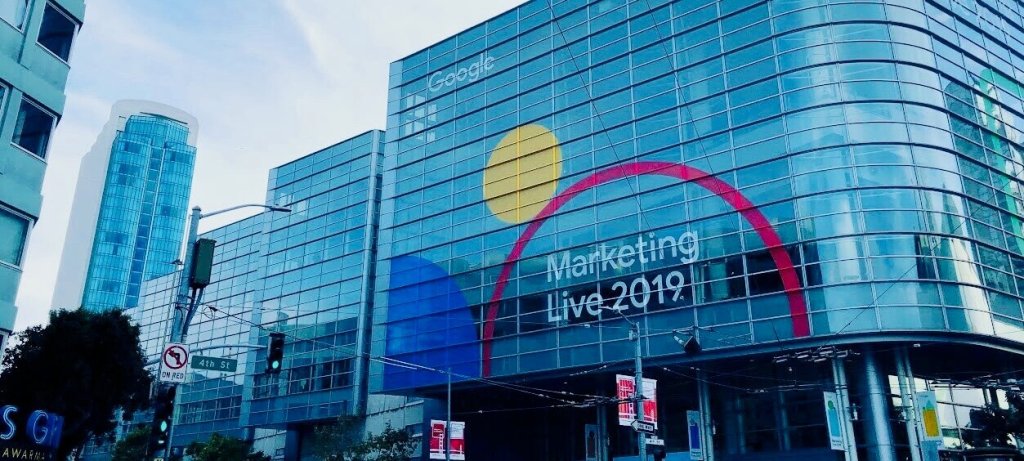 The Google Marketing Live 2019 event signage on a modern glass building facade