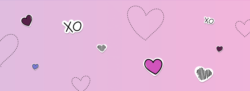 A light pink background decorated with various heart shapes and XO text stickers