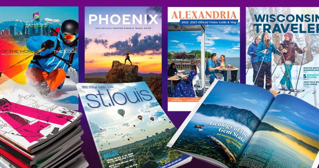 A collection of various travel guide magazines and brochures arranged on a surface