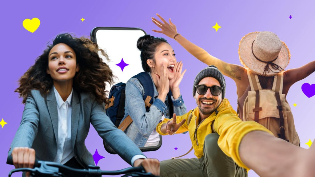 A collage of diverse people engaging in various activities against a purple background