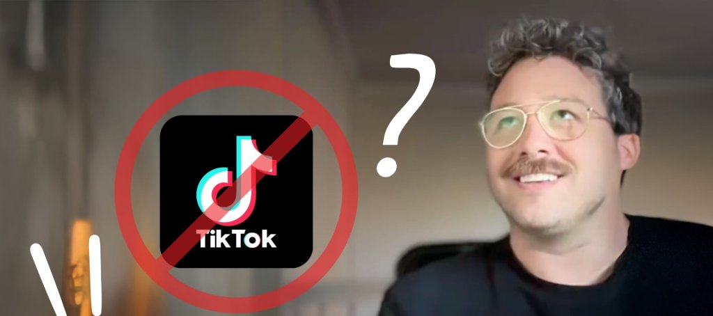 A man with a mustache and glasses looks confused at a crossed-out TikTok logo