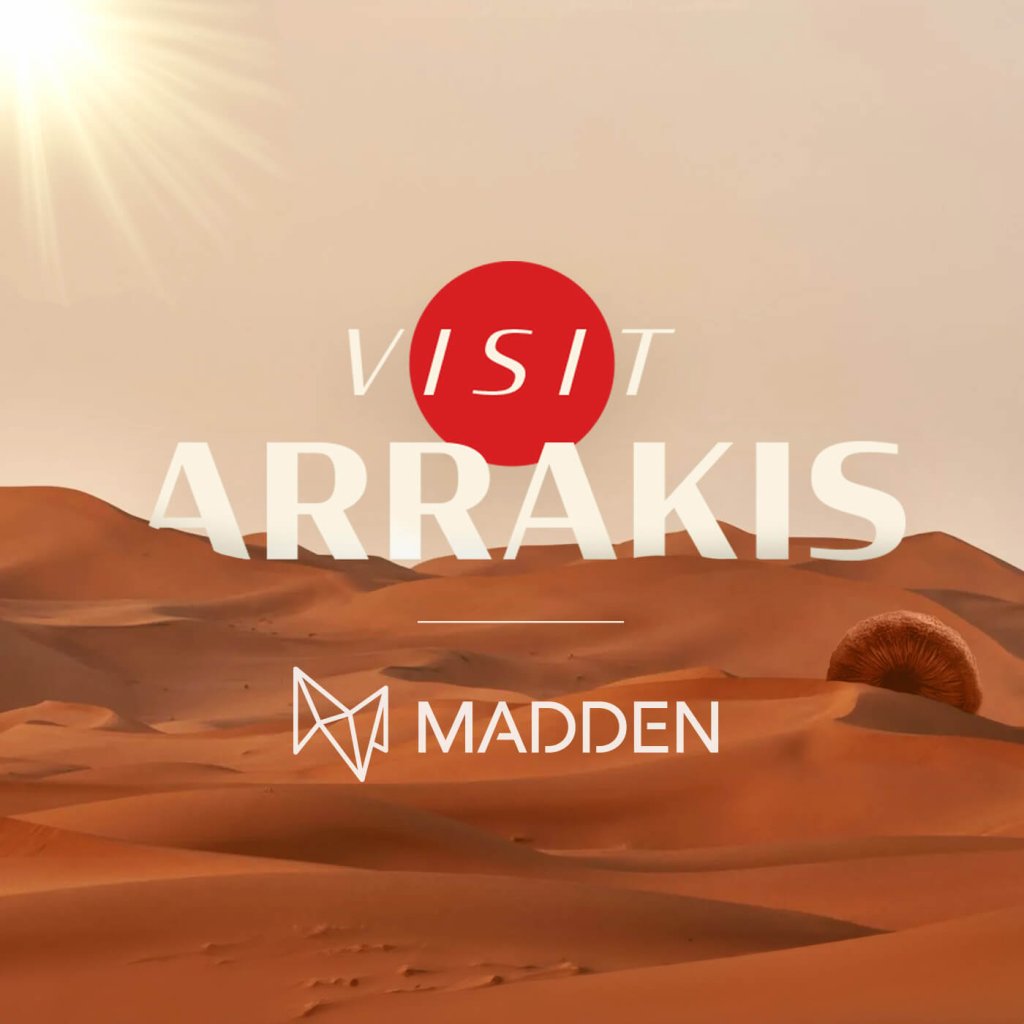 A travel poster featuring sand dunes, a red sun, and the text Visit Arrakis