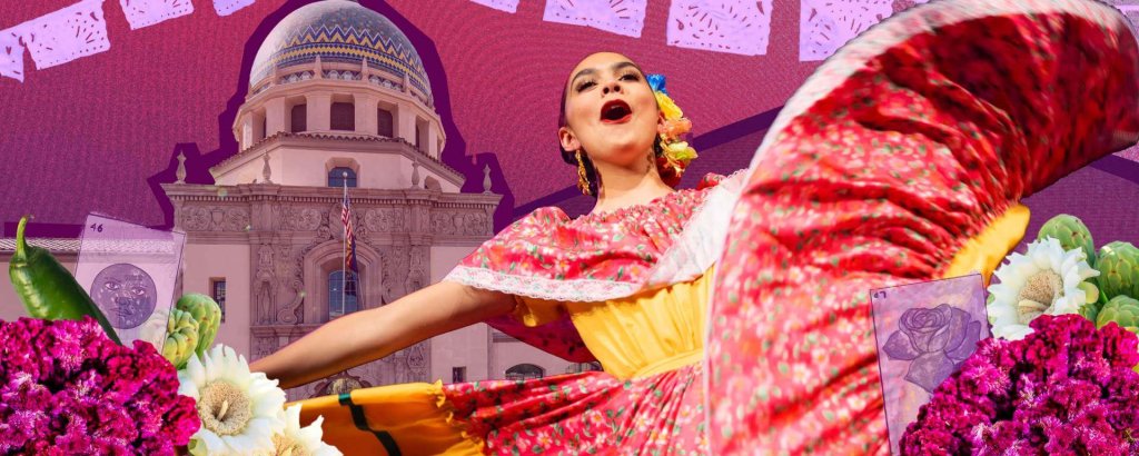 A woman in a traditional Mexican dress dances in front of a historic building