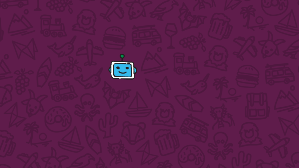 A small blue robot icon centered on a purple background with various line-art icons