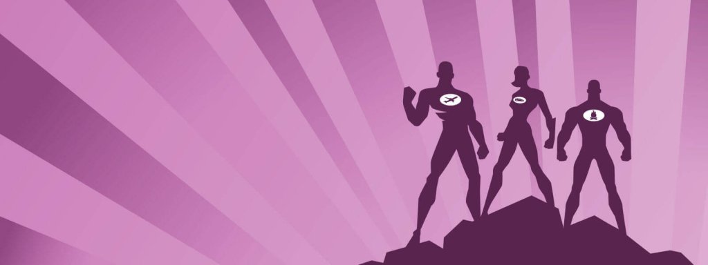 Three superhero silhouettes stand triumphantly on a rocky peak against a purple sunburst background