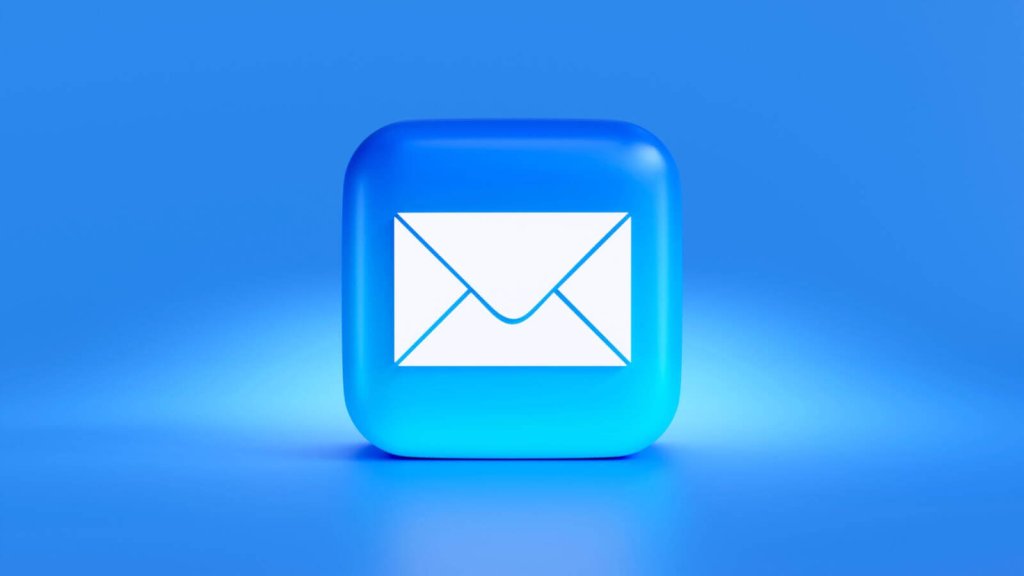 A 3D glossy blue square icon featuring a white envelope symbol
