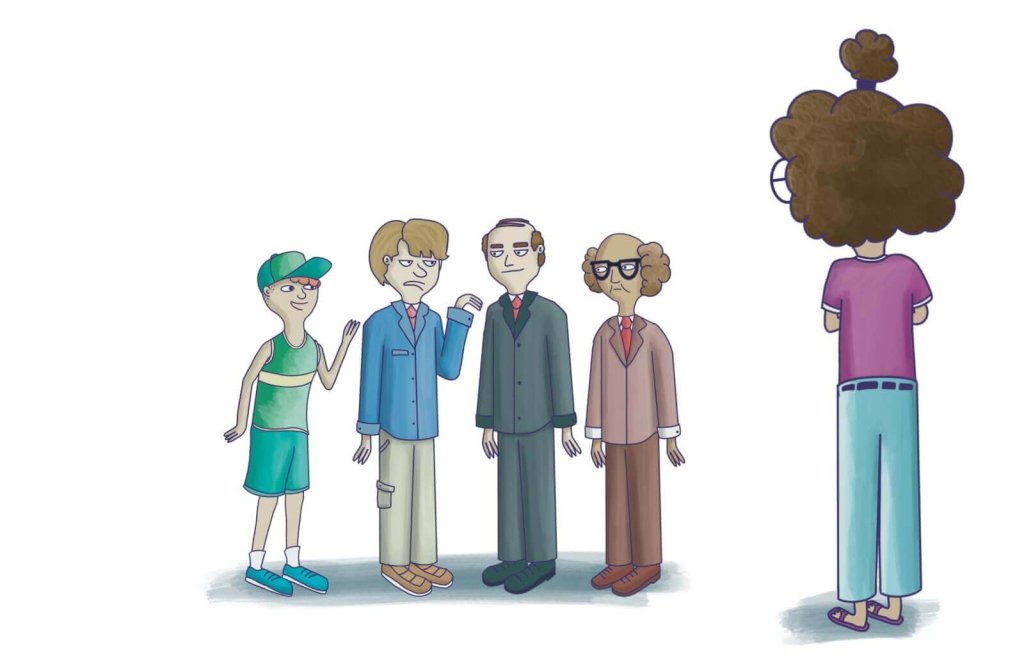 A group of four men standing in a line facing a woman with curly hair