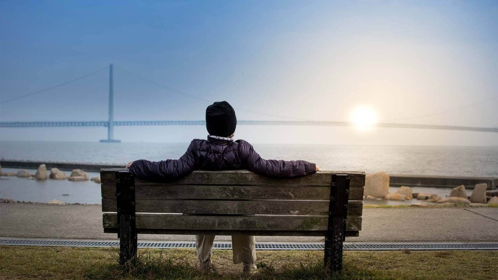 A person sits on a bench overlooking a bridge at sunset