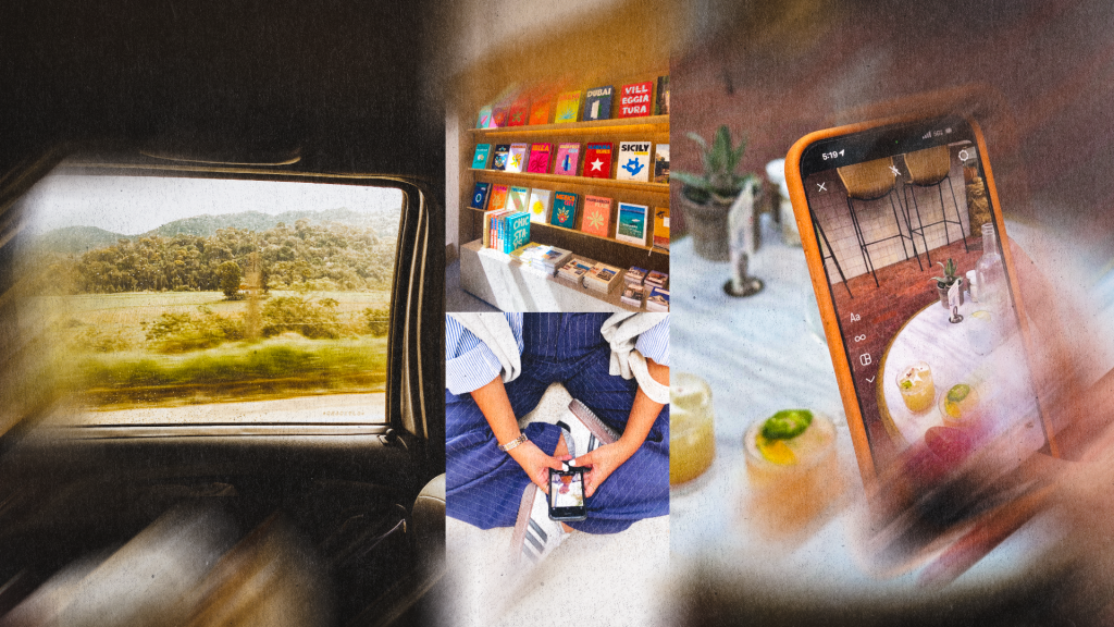 A collage showing a car window view, a bookshelf, and a person taking photos