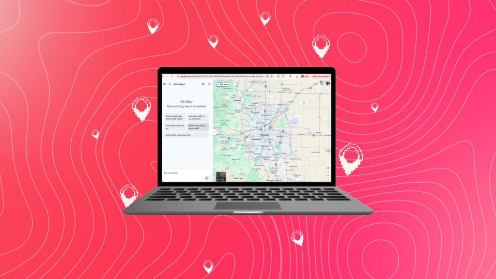 A laptop displaying the Google Maps interface with an AI chat feature