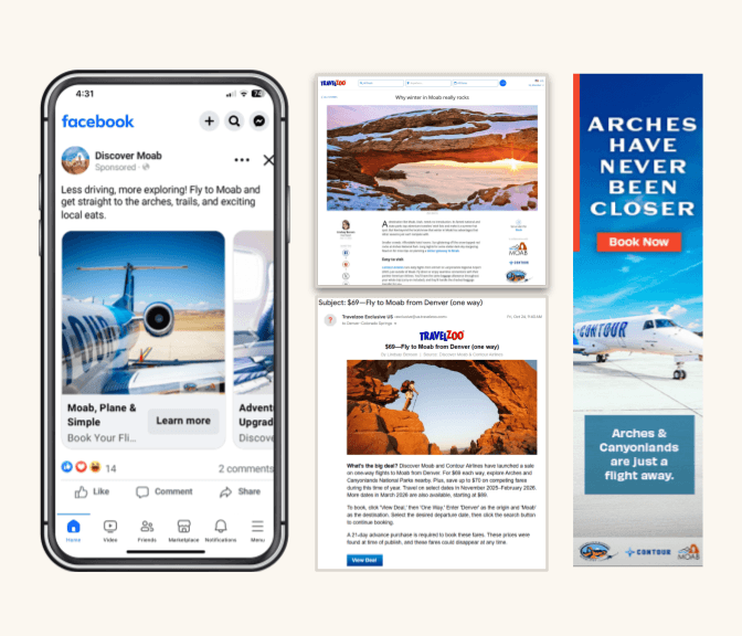 A collage showing a Facebook ad, a travel website article, and a vertical banner advertisement
