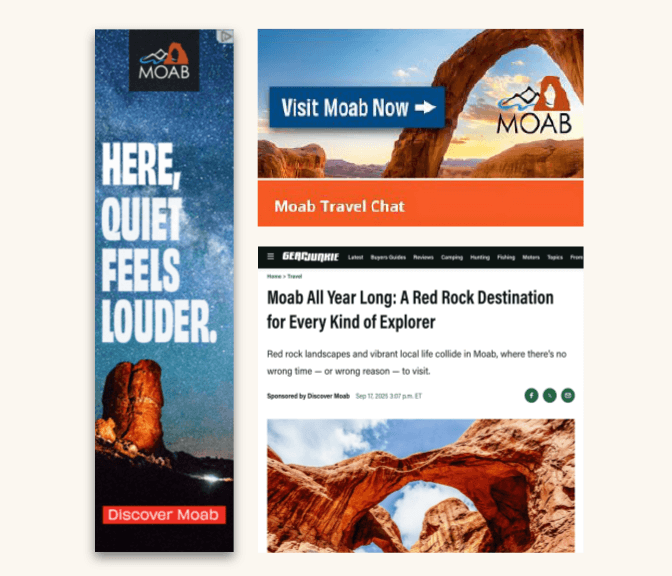 A collection of advertisements and an article promoting travel to Moab, Utah