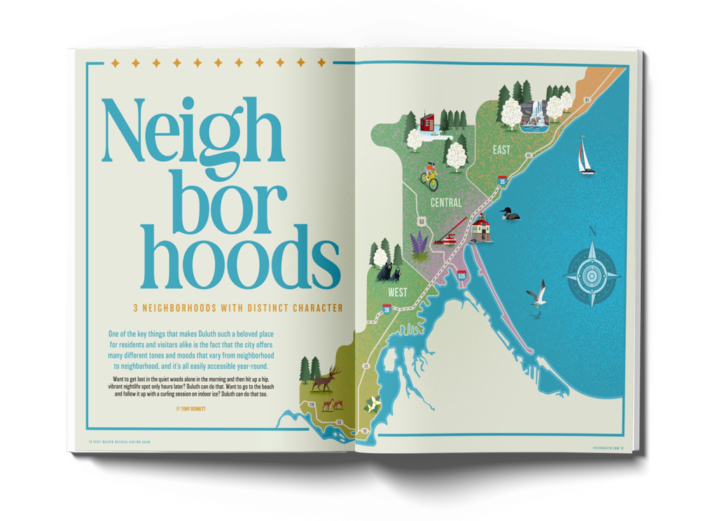 A magazine spread featuring an illustrated map of Duluth neighborhoods and descriptive text