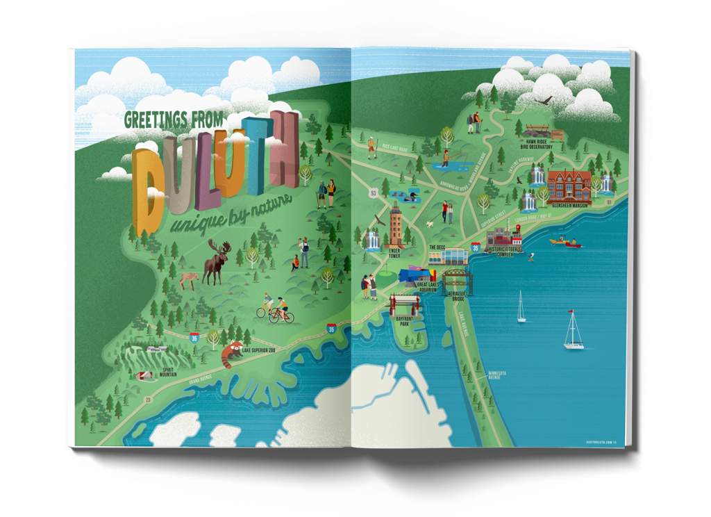 An illustrated map of Duluth showing landmarks, nature, and outdoor activities