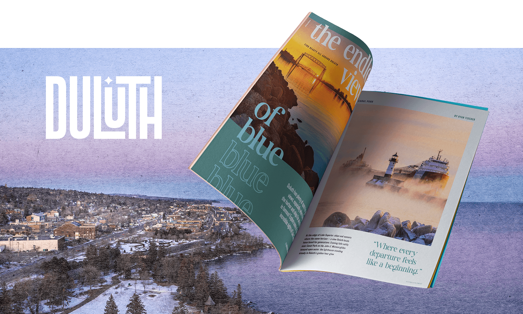 An open magazine featuring photos of a lighthouse and sunset over a harbor