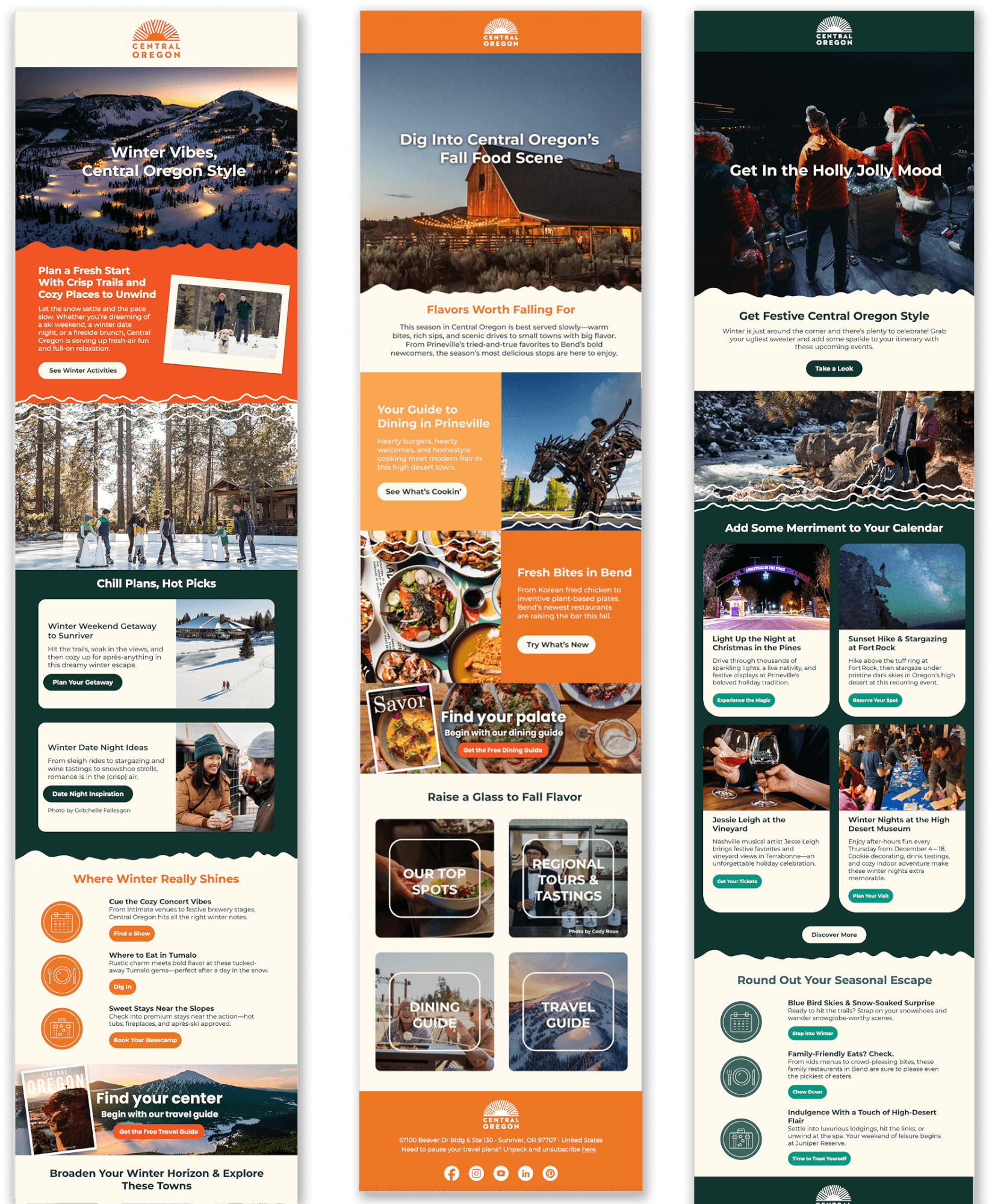 Three vertical marketing emails from Central Oregon showcasing seasonal travel, dining, and holiday activities