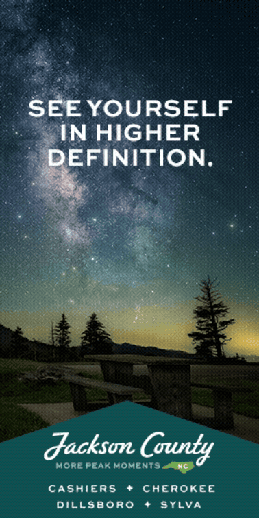 A starry night sky over mountains, trees, and a picnic table with text overlay