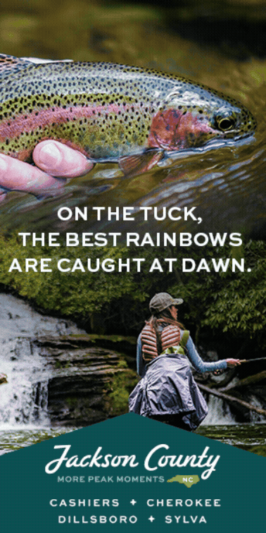 A person holding a rainbow trout, with another person fishing below a waterfall