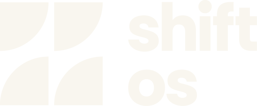 A logo with four curved shapes on the left and the words "shift os" on the right