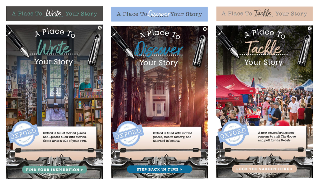 Three promotional panels for Oxford, Mississippi featuring a bookstore, a historic home, and tailgating