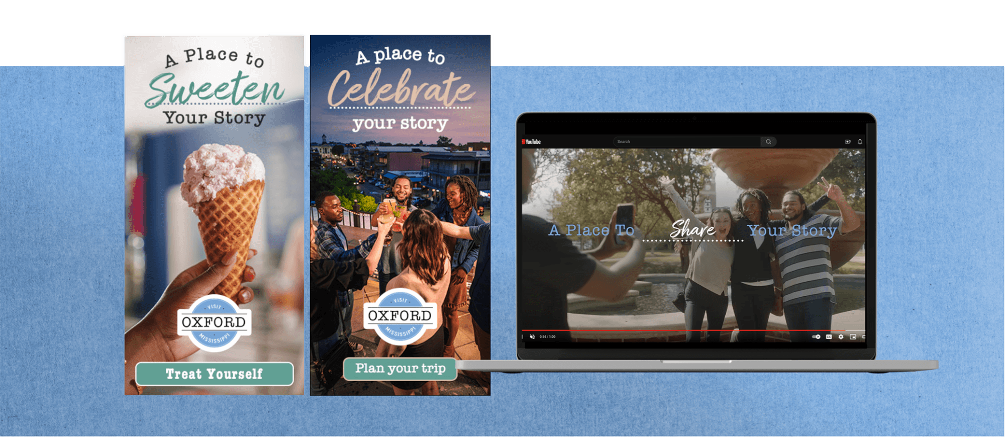 Promotional graphics for Oxford, Mississippi featuring ice cream, a group toast, and a video